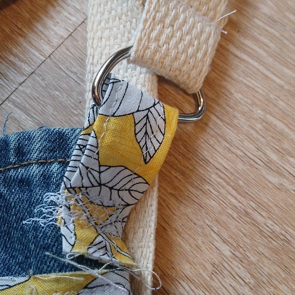 Upcycled Denim Crossbody Bag Handmade with Floral Trim Jeans Patchwork Trim - Picture 5 of 13
